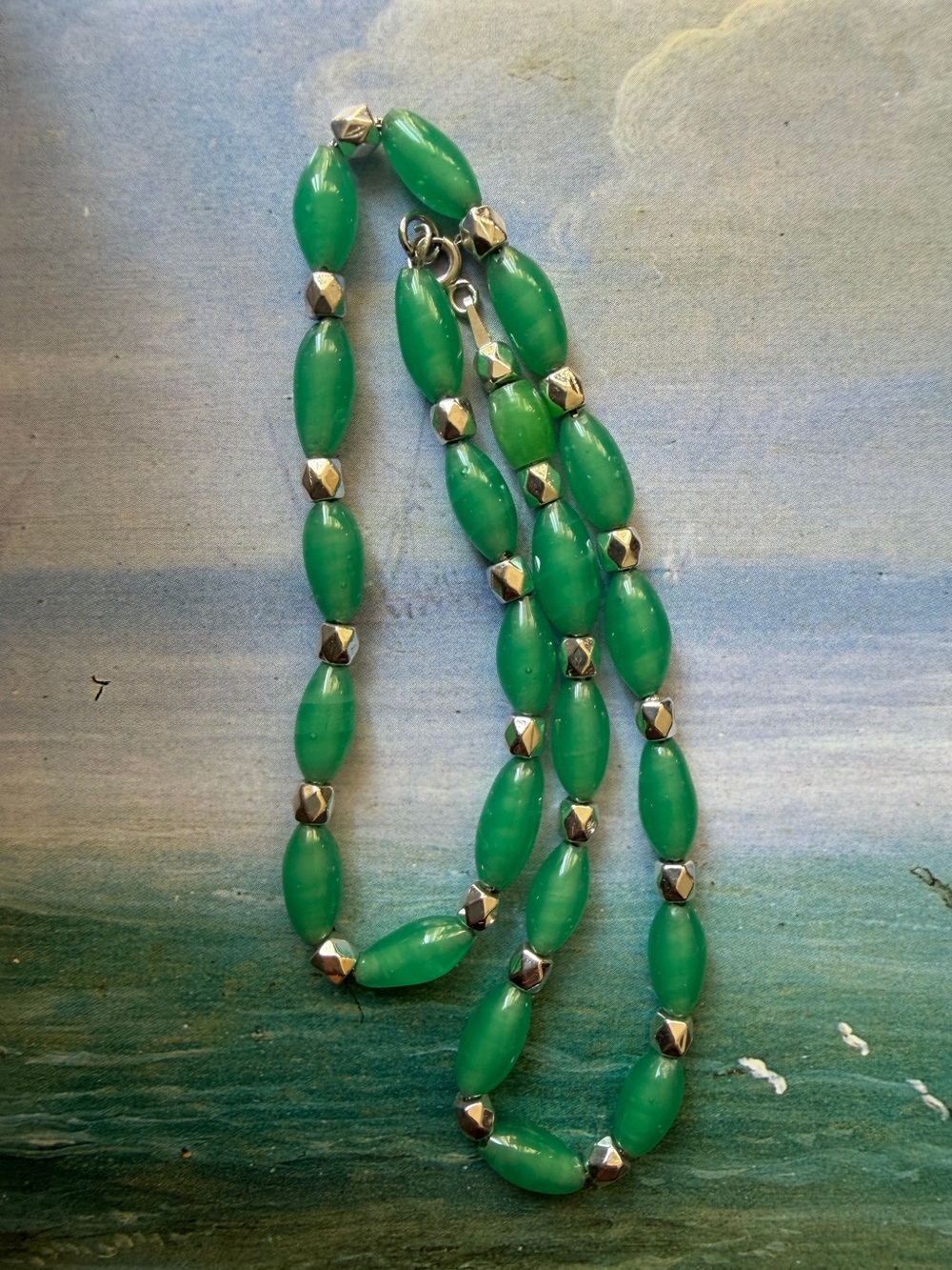 Vtg Sterling Silver Green Art Glass Bead Necklace 15" - Picture 4 of 10